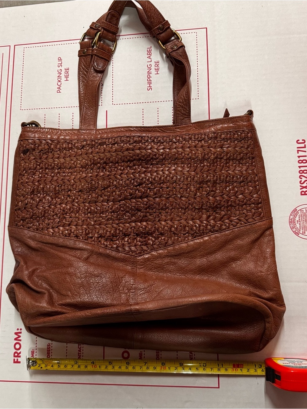 DAY & MOOD Woven Brown Leather Tote Bag with Double Shoulder Straps